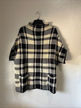JANICE Black & Cream Plaid Short-Sleeve Sweater One Size Comfy Boho Casual Chic